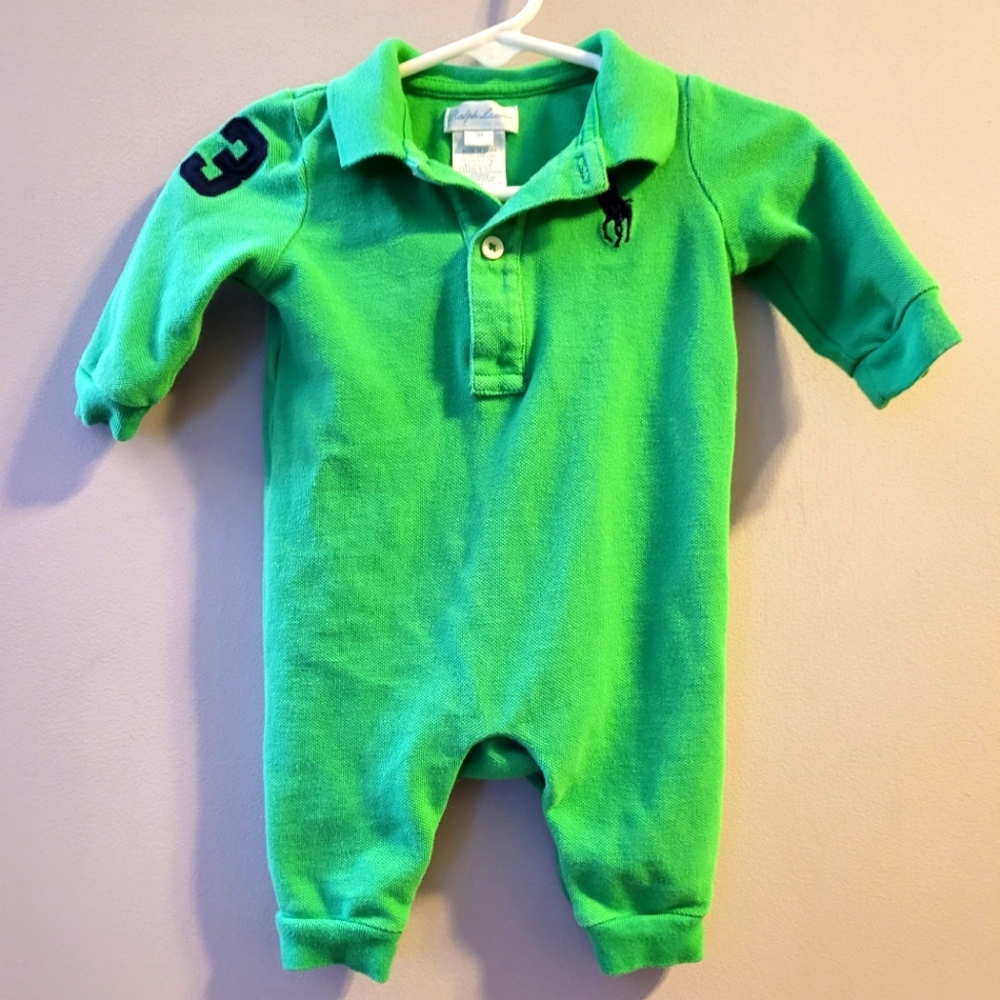 Ralph Lauren Green Pique Knit Baby Boys Romper One Piece Longall Outfit 3 Month
